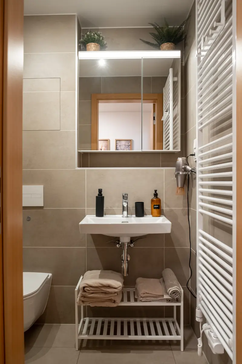 Modern bathroom with premium fixtures, mirror cabinet and heated towel rail